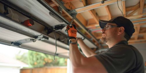 A skilled technician repairs a garage door opener with tools in a well-lit garage, showcasing craftsmanship and attention to detail.