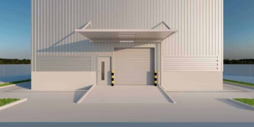 3D rendering of factory building and shutter door for industrial background.