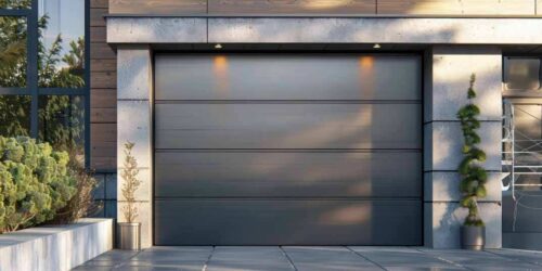 garage door designed with a modern, metallic finish that mimics the look of brushed aluminum or stainless steel