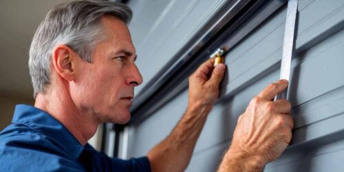 Mature technician installing weather stripping on garage door.