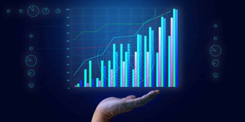 growing graph on a holographic grid and a man's hand. Business performance growth, high profitability, success