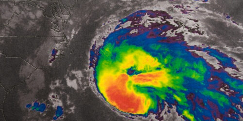 Infrared image of Hurricane Maria bearing down Caribbean islands, about 400km east-southeast of the Leeward island of Dominica. Elements of this image furnished by NASA.