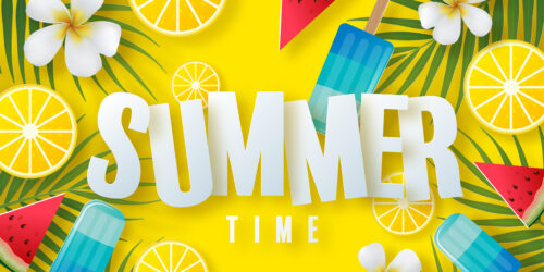 Summer time holiday vector design with beach,colorful tropical flowers heliconia rostrata,fruit,sea,nature,summer drink,under the sea,coral,flamingo,sun,sand,cocktail, paper cut style on background.