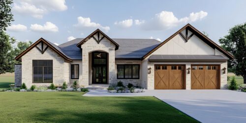 Modern Farmhouse with Stone and Wood Exterior